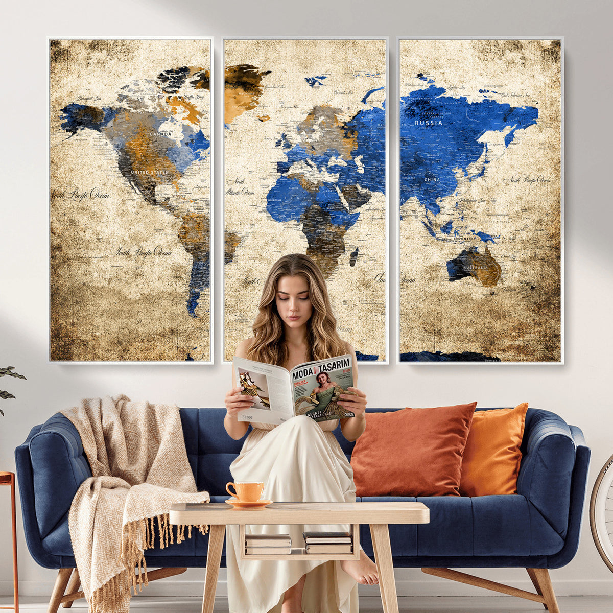 27314341-MGV-CV-36X24 - World Map Wall Art Canvas Print, Modern Decorative Framed Map Artwork Prints for Living Room, Office, Bedroom Wall Decor