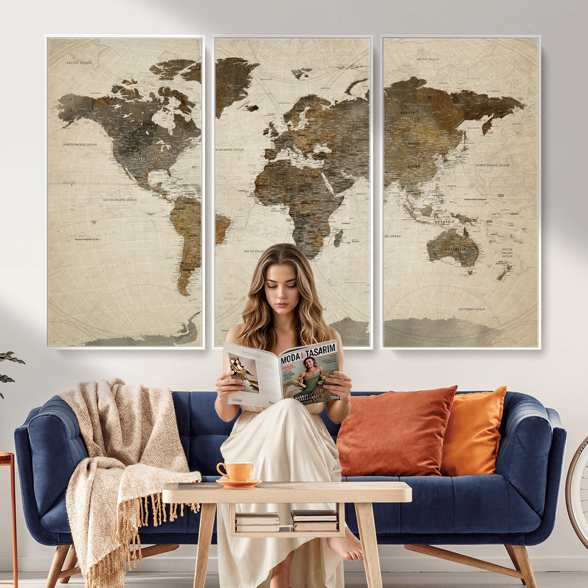49623468-MGV-CV-36X24 - World Map Wall Art Canvas Print, Modern Decorative Framed Map Artwork Prints for Living Room, Office, Bedroom Wall Decor