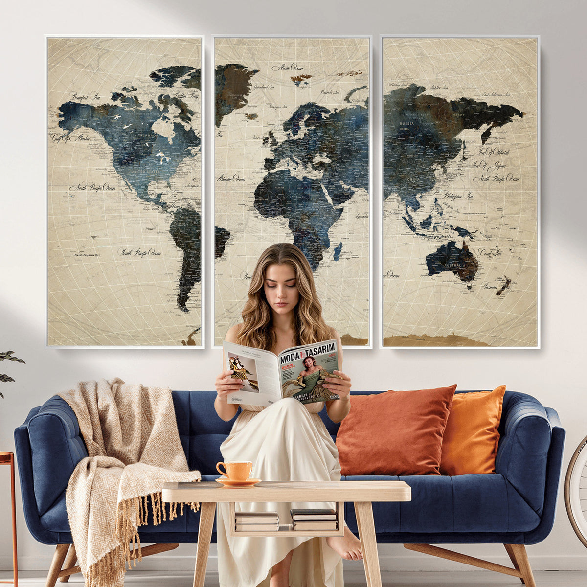 72927803-MGV-CV-36X24 - World Map Wall Art Canvas Print, Modern Decorative Framed Map Artwork Prints for Living Room, Office, Bedroom Wall Decor