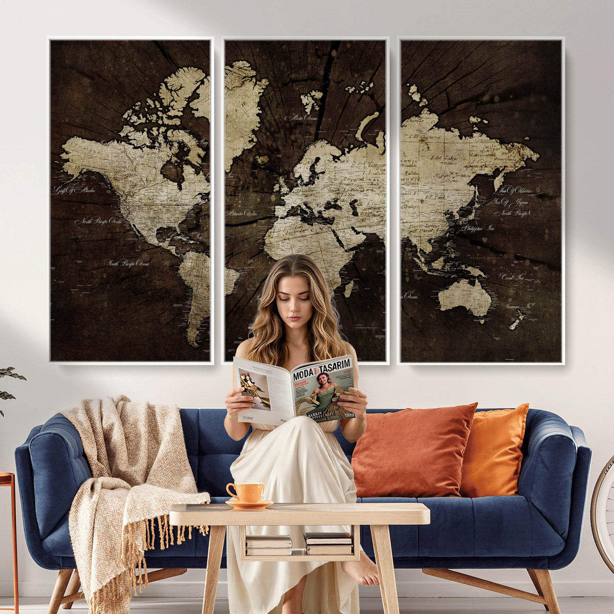 40991509-MGV-CV-36X24 - World Map Wall Art Canvas Print, Modern Decorative Framed Map Artwork Prints for Living Room, Office, Bedroom Wall Decor