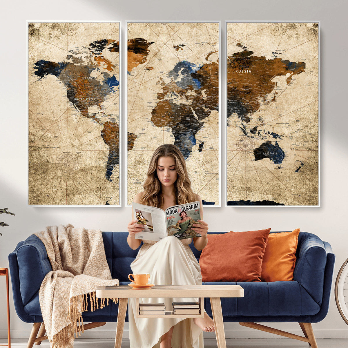 27163414-MGV-CV-36X24 - World Map Wall Art – Rustic Earth Tone Canvas Print, Antique