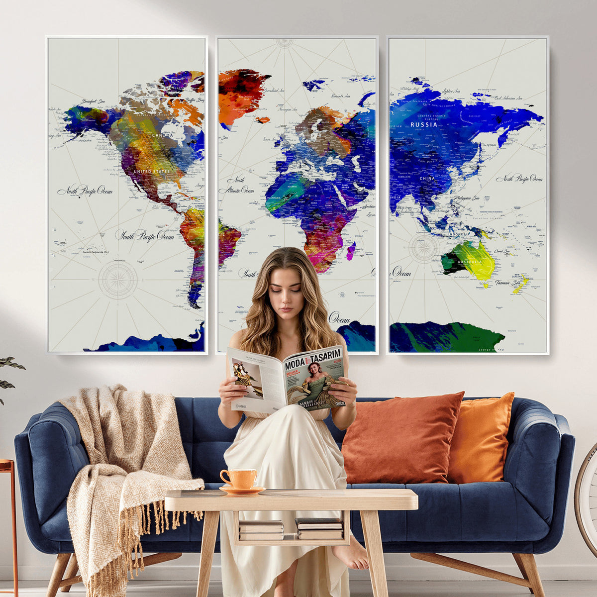 49670038-MGV-CV-36X24 - World Map Wall Art Canvas Print, Modern Decorative Framed Map Artwork Prints for Living Room, Office, Bedroom Wall Decor