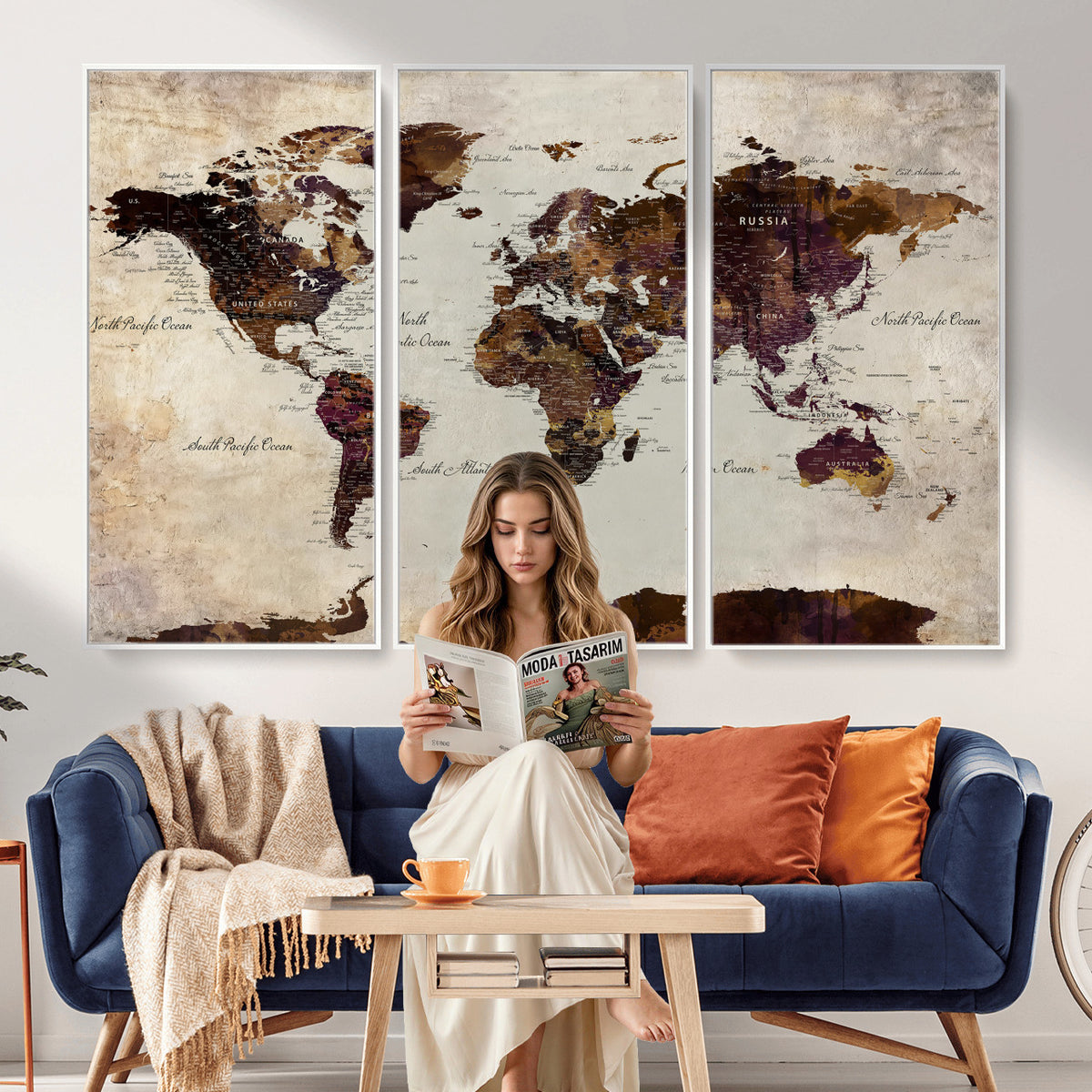 50611123-MGV-CV-36X24 - World Map Canvas Triptych | Colorful Global Wall Art for Living Rooms