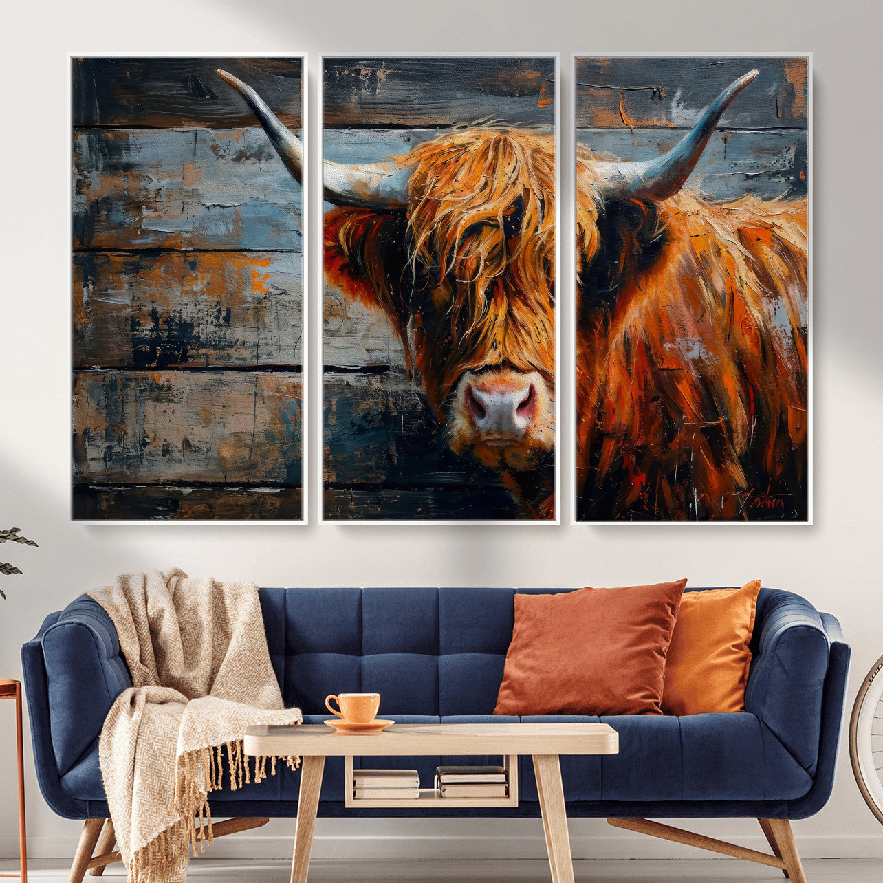 90271423-MGV-CV-36X24 - Highland Cow Wall Art Canvas Print, Abstract Rustic Farm Animal Wall Art Print, Framed Wall Art Ready to Hang