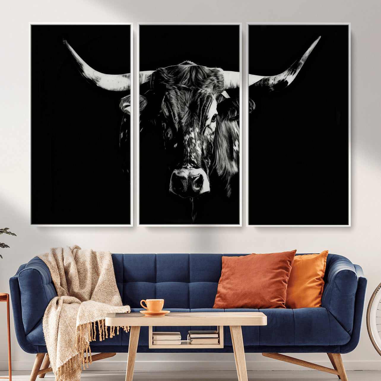21436434-MGV-CV-36X24 - Black Bull Wall Art Canvas Print, Dark Longhorn Portrait Photography, Framed Wall Art Ready to Hang