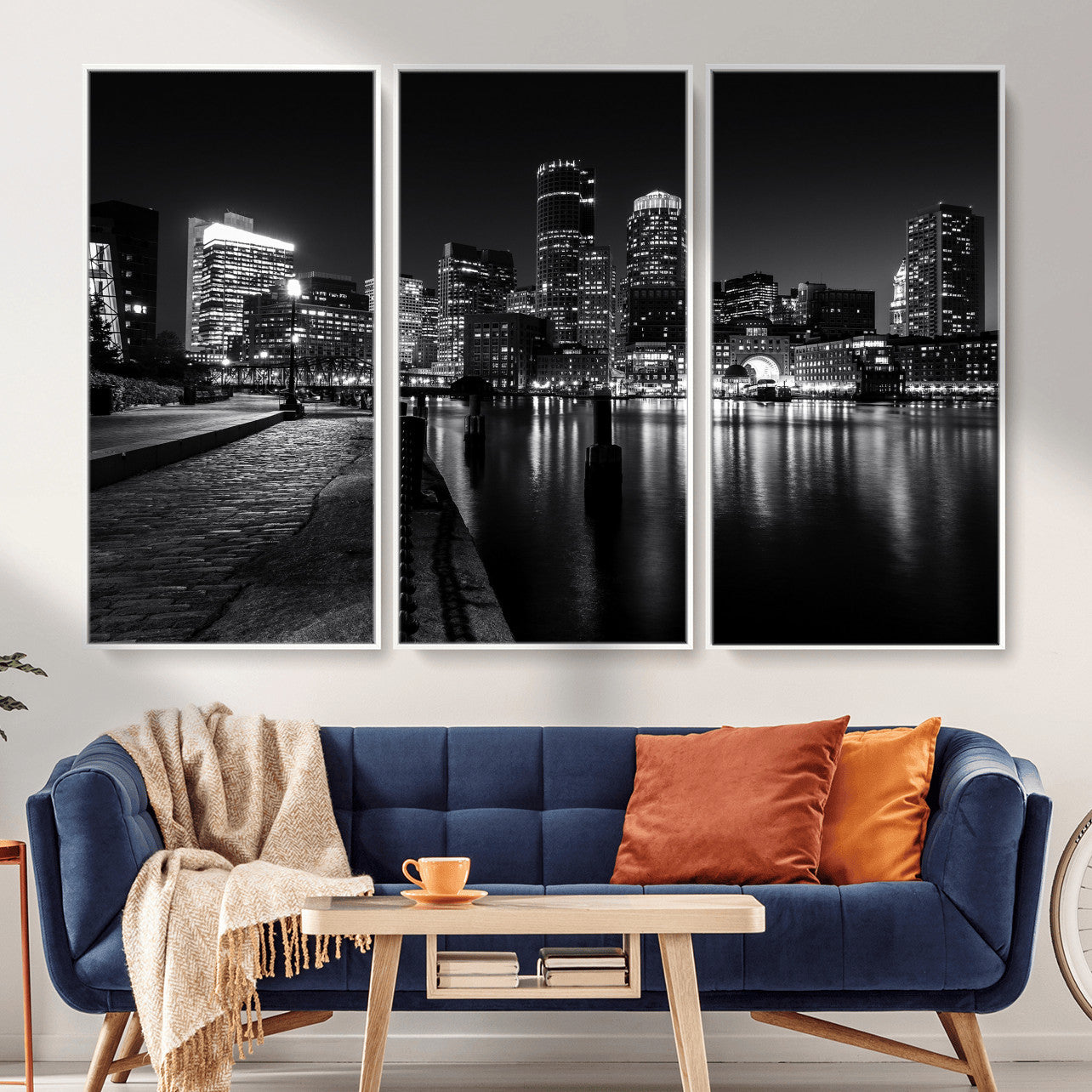 53082656-MGV-CV-36X24 - Boston Wall Art Canvas Print, Boston City Downtown Night Cityscape Print for Modern Urban Wall Decor
