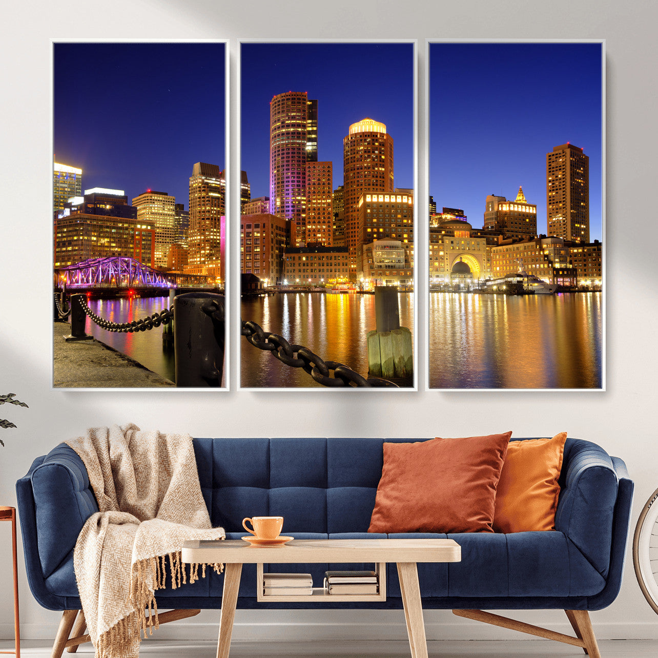 56611117-MGV-CV-36X24 - Boston Wall Art Canvas Print, Boston City Downtown Night Cityscape Print for Modern Urban Wall Decor