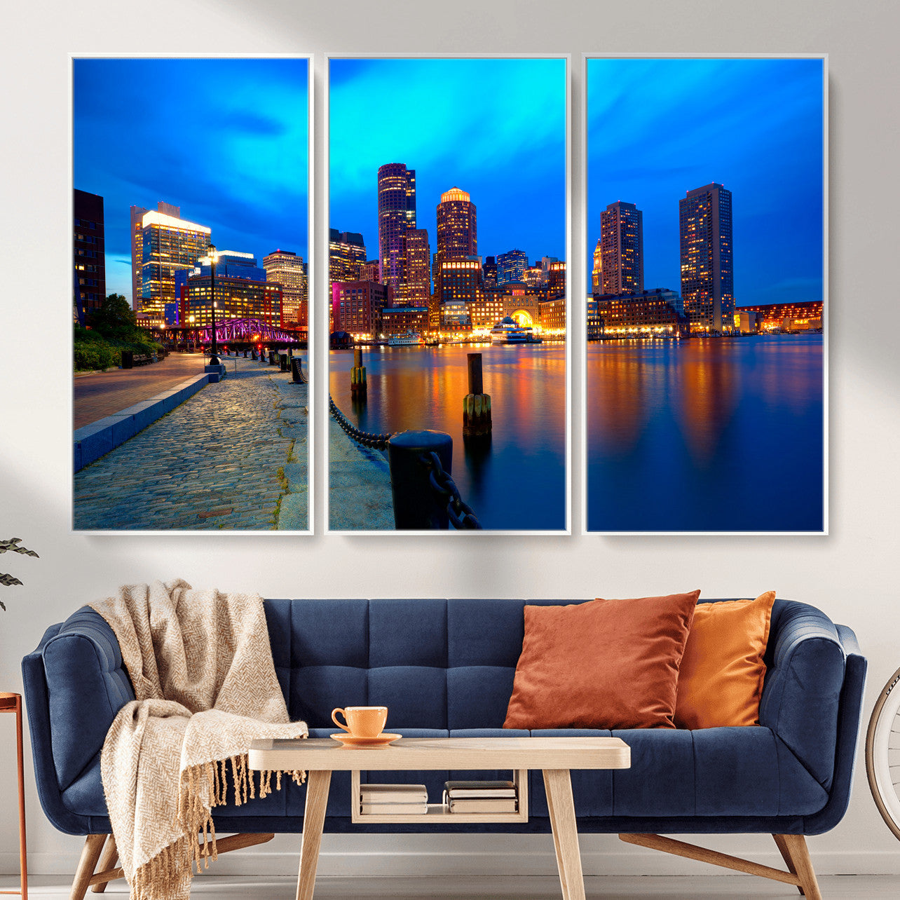 69619565-MGV-CV-36X24 - Boston Wall Art Canvas Print, Boston City Downtown Night Cityscape Print for Modern Urban Wall Decor