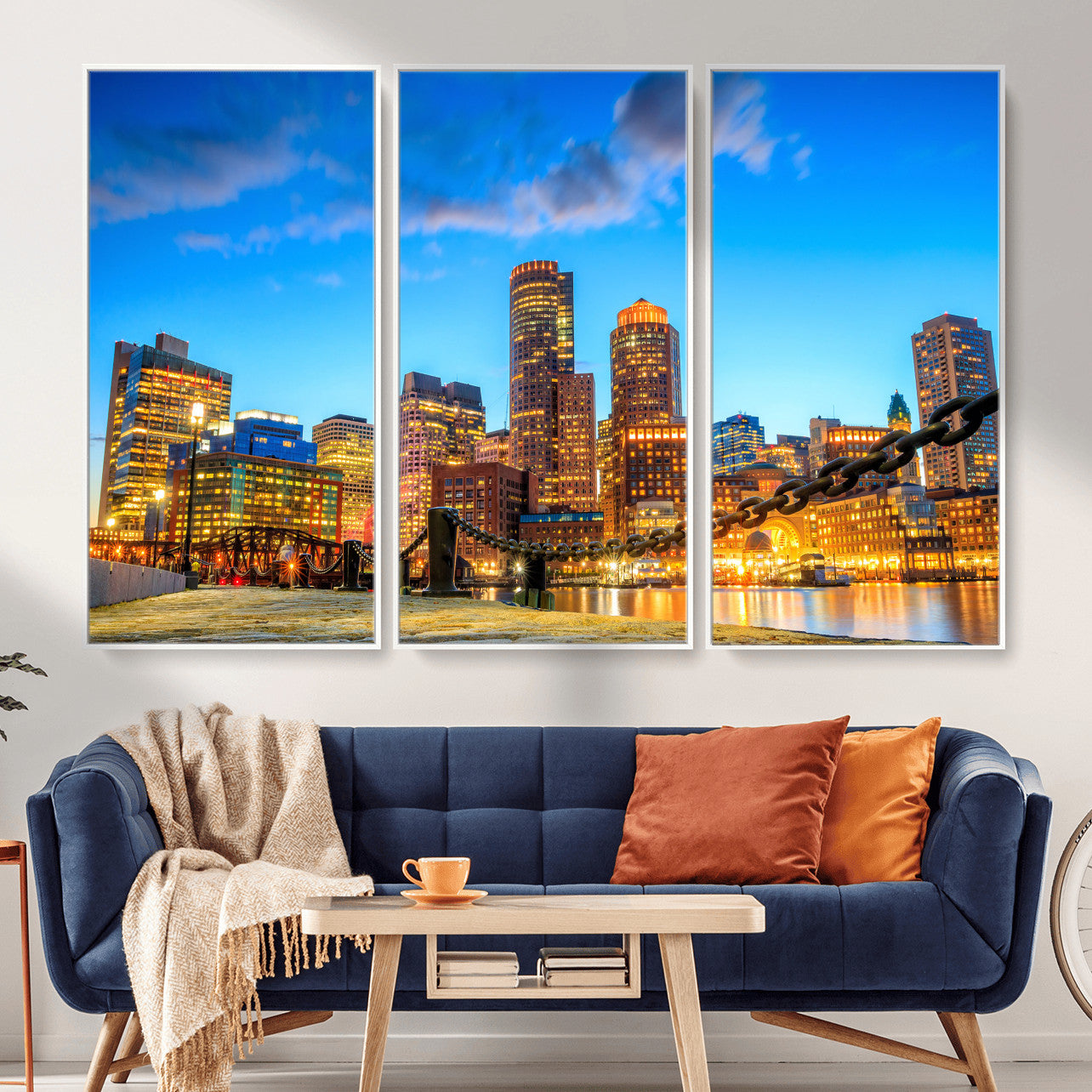 46736409-MGV-CV-36X24 - Boston Wall Art Canvas Print, Boston City Downtown Night Cityscape Print for Modern Urban Wall Decor