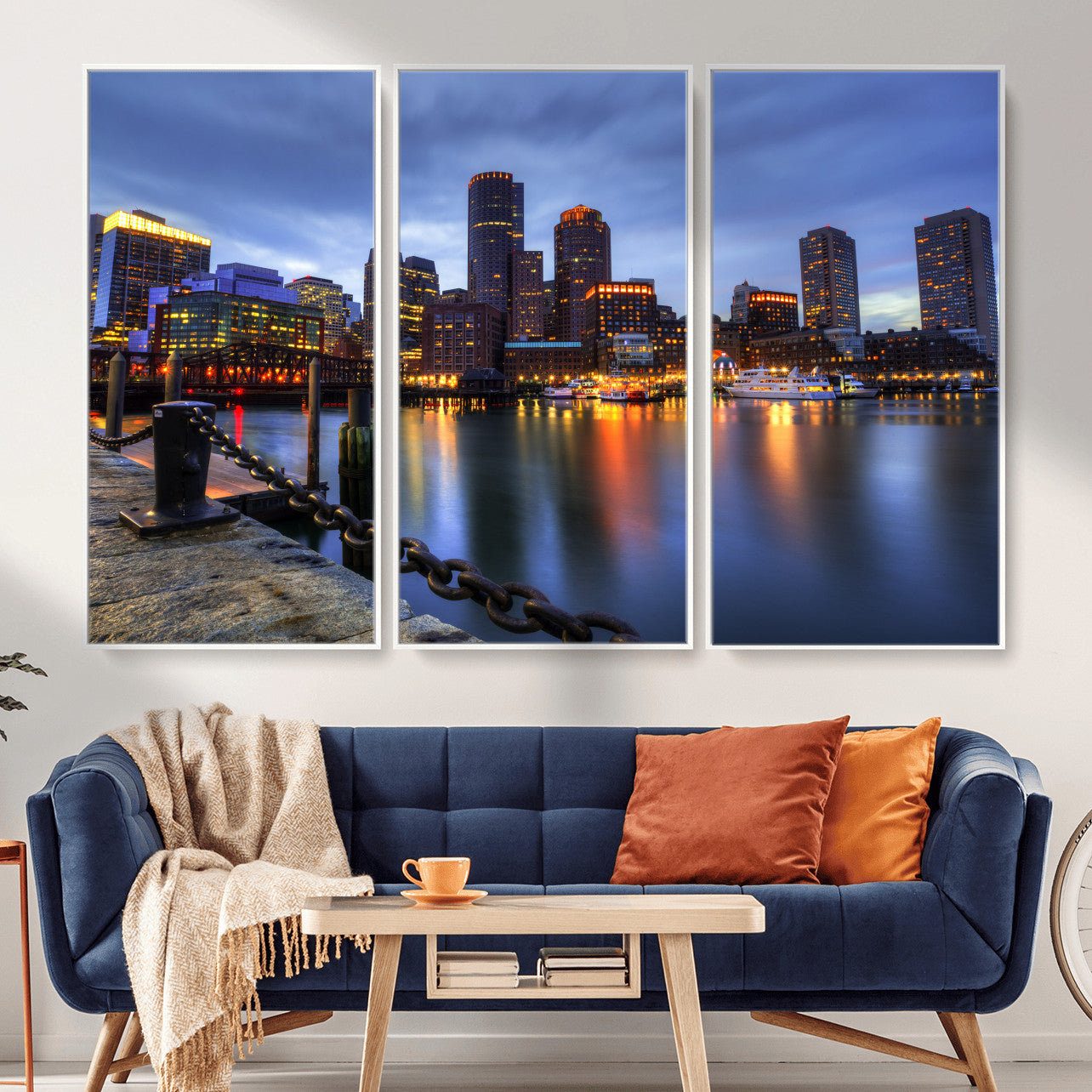 82439622-MGV-CV-36X24 - Boston Wall Art Canvas Print, Boston City Downtown Night Cityscape Print for Modern Urban Wall Decor