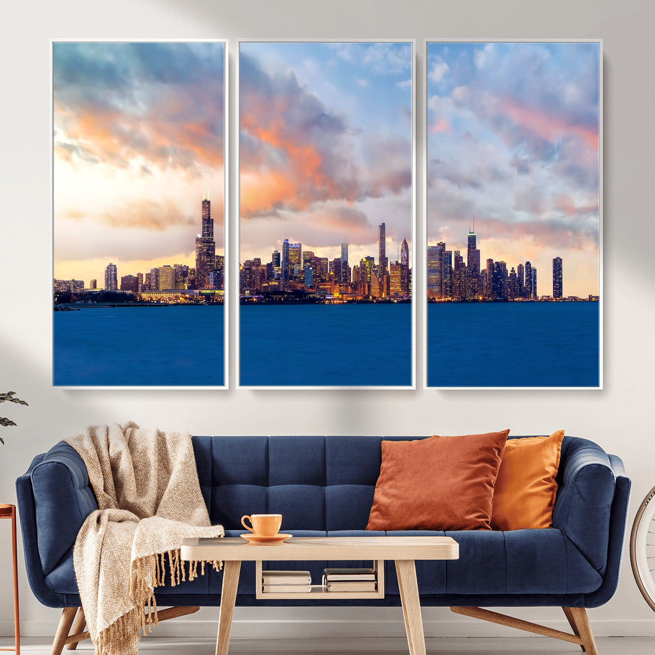 34667960-MGV-CV-36X24 - Chicago Wall Art Canvas Print, Chicago City Downtown Night Cityscape Print for Modern Urban Wall Decor