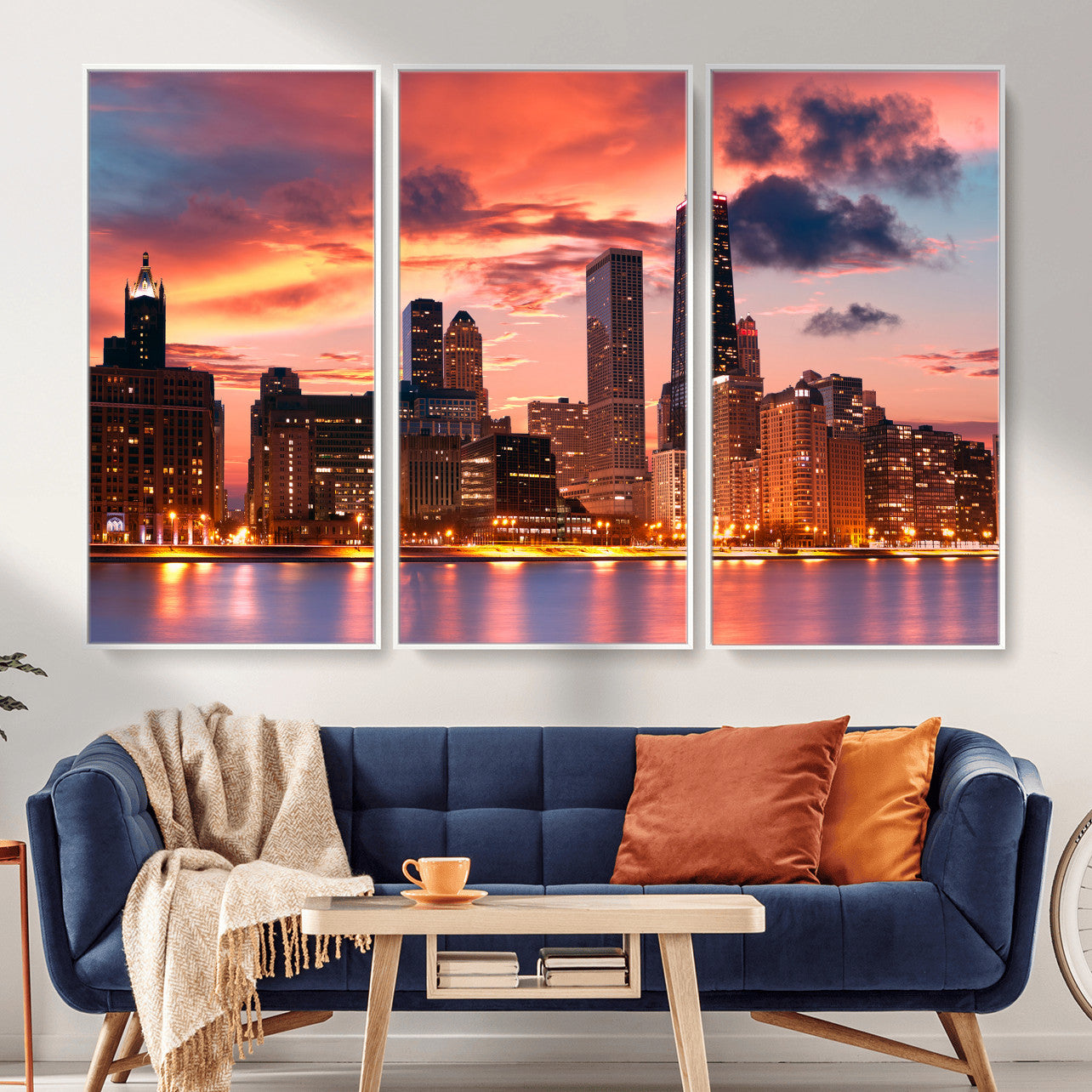 80390109-MGV-CV-36X24 - Chicago Wall Art Canvas Print, Chicago City Downtown Night Cityscape Print for Modern Urban Wall Decor