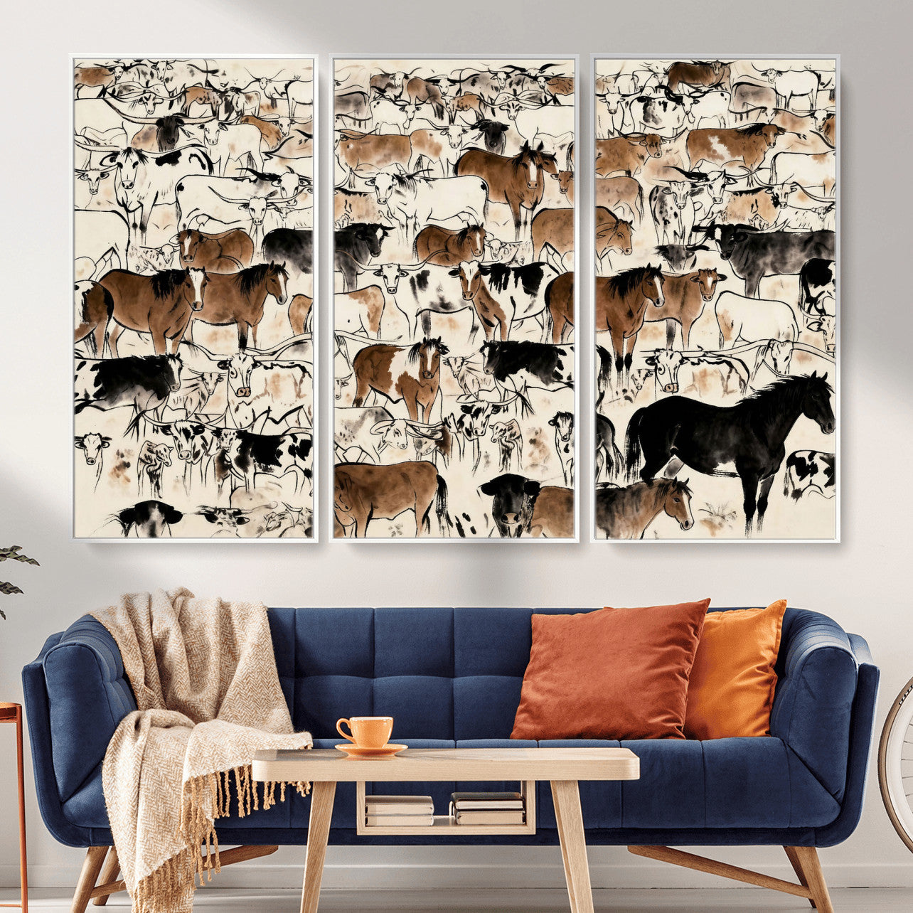 86150485-MGV-CV-36X24 - Farmhouse Animals Wall Art Canvas Print - Abstract Farm Animal Drawing Mid-Century Wall Art for Cabin Decor