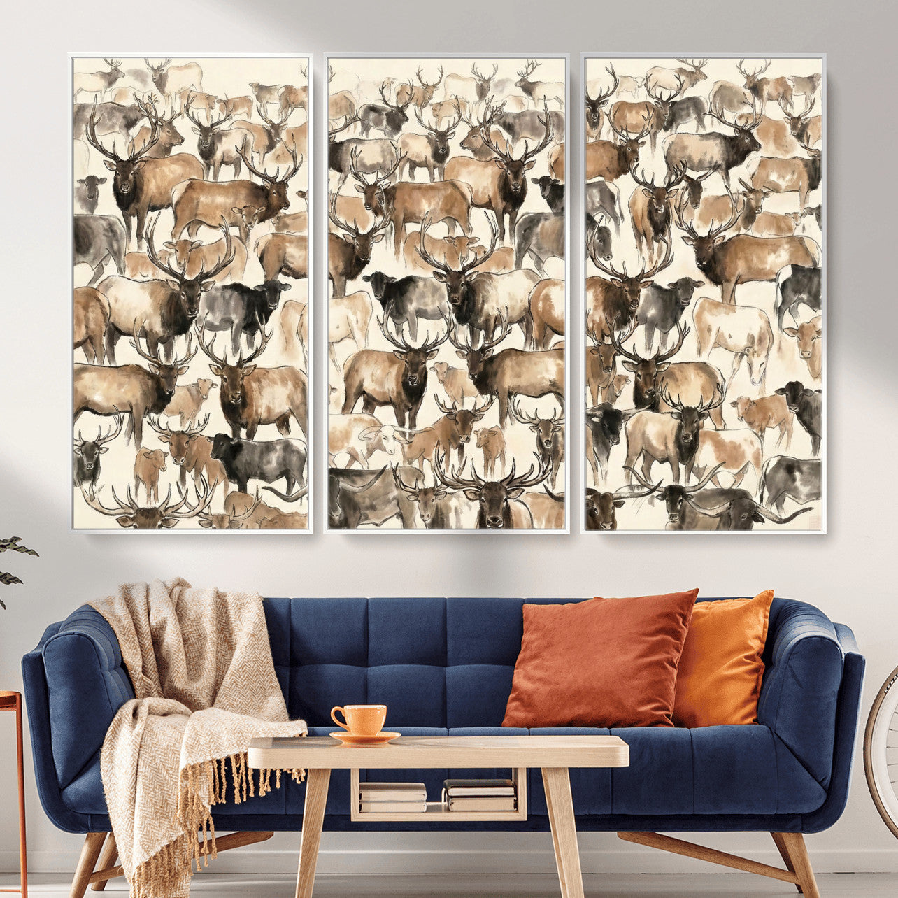 24374881-MGV-CV-36X24 - Farmhouse Animals Wall Art Canvas Print - Abstract Farm Animal Drawing Mid-Century Wall Art for Cabin Decor