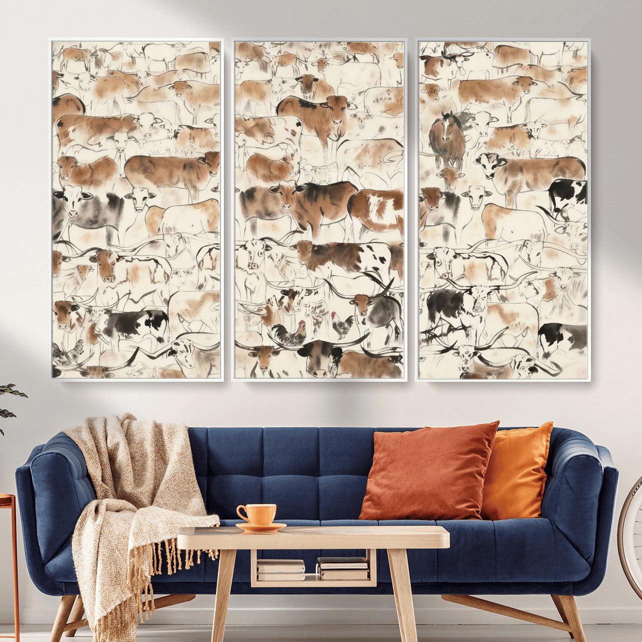 69961368-MGV-CV-36X24 - Farmhouse Animals Wall Art Canvas Print - Abstract Farm Animal Drawing Mid-Century Wall Art for Cabin Decor