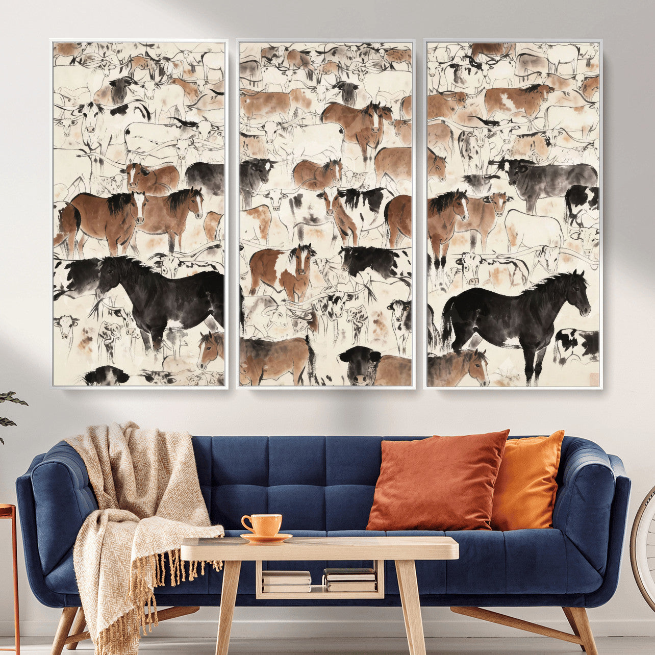 74171578-MGV-CV-36X24 - Farmhouse Animals Wall Art Canvas Print - Abstract Farm Animal Drawing Mid-Century Wall Art for Cabin Decor