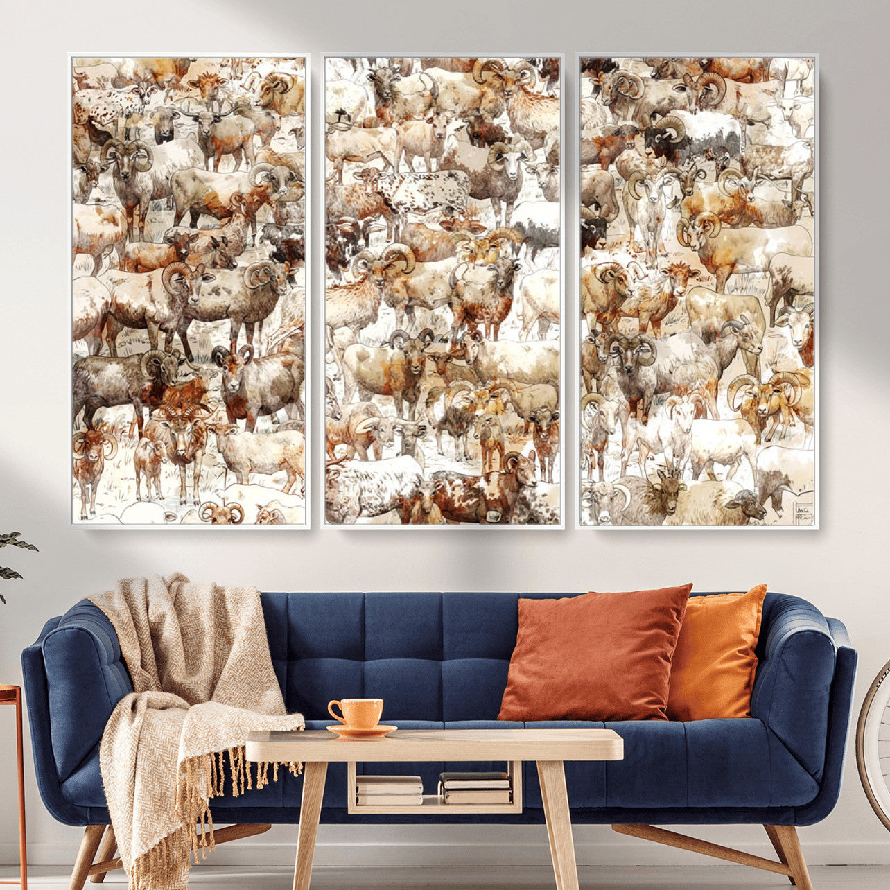 95103864-MGV-CV-36X24 - Farmhouse Animals Wall Art Canvas Print - Abstract Farm Animal Drawing Mid-Century Wall Art for Cabin Decor