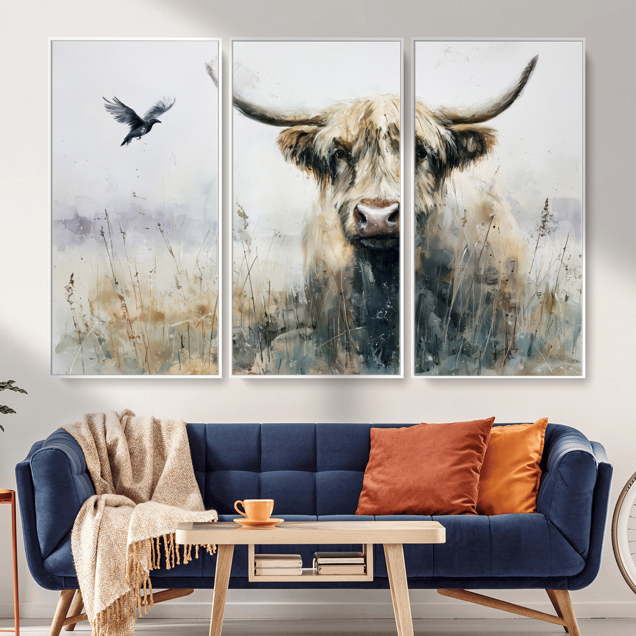 55652651-MGV-CV-36X24 - Abstract Highland Cow Watercolor Animal Wall Art Canvas Print, Rustic Farm Cattle Portrait Canvas Print, Neutral Wildlife Farmhouse Art Printing
