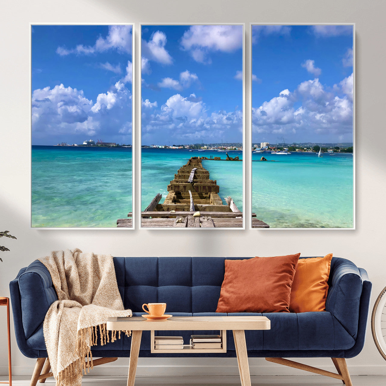 43165024-MGV-CV-36X24 - Caribbean Ocean Pier Seascape Wall Art Canvas Print, Turquoise Sea Tropical Harbor Canvas Print, Island Coastal Blue Water Scenic Art Printing