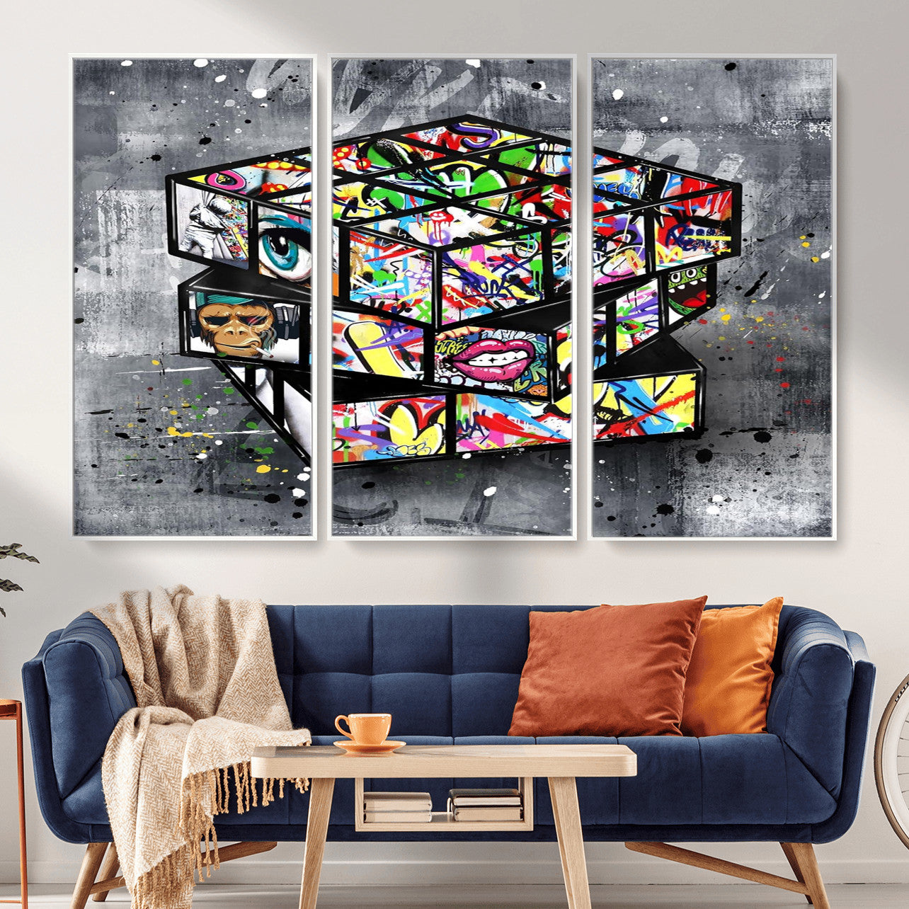 46789556-MGV-CV-36X24 - Graffiti Cube Abstract Street Art Wall Art Canvas Print, Colorful Urban Pop Art Geometric Canvas Print, Modern Street Art Contemporary Art Printing