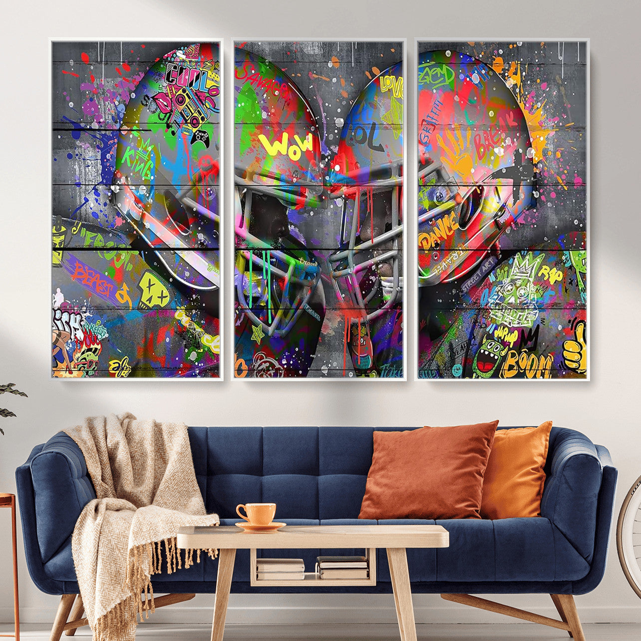 15309853-MGV-CV-36X24 - Graffiti Football Helmets Wall Art Canvas Print, Urban Street Art Sports Decor, Colorful American Football Graffiti Artwork
