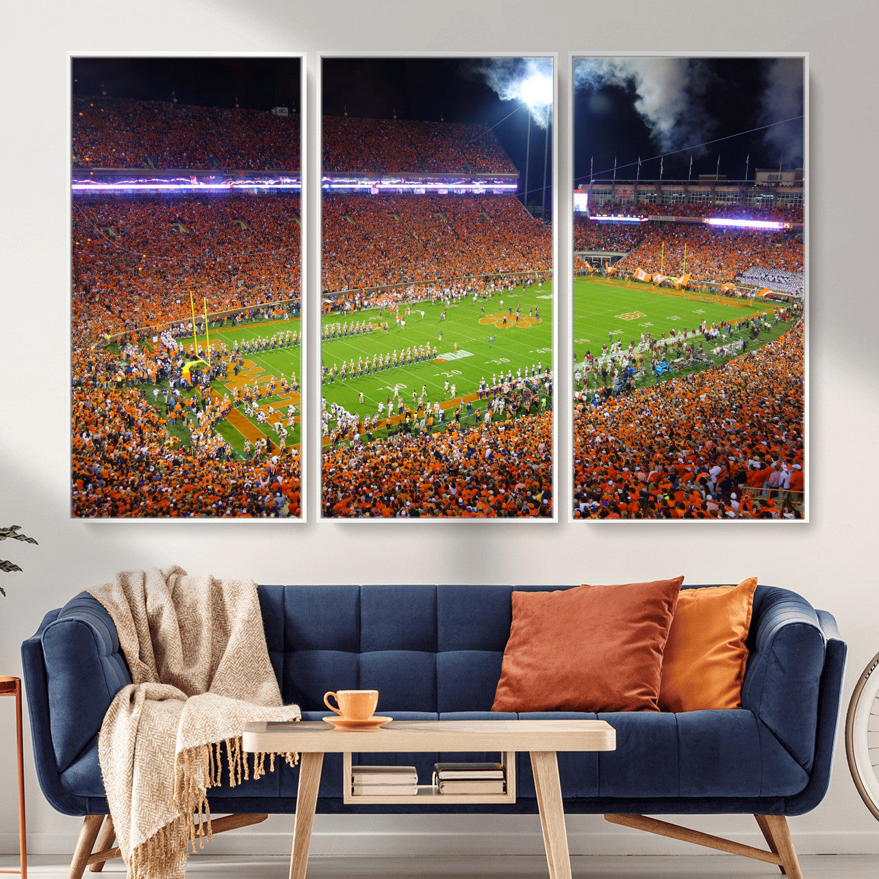 43662631-MGV-CV-36X24 - Clemson Football Stadium Wall Art Canvas Print, College Football Crowd Night Game Scene, Orange Stadium Panorama Wall Decor