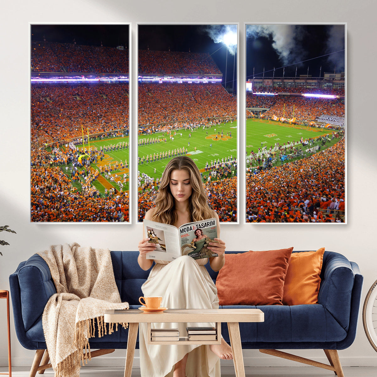 43662631-MGV-CV-36X24 - Clemson Football Stadium Wall Art Canvas Print, College Football Crowd Night Game Scene, Orange Stadium Panorama Wall Decor
