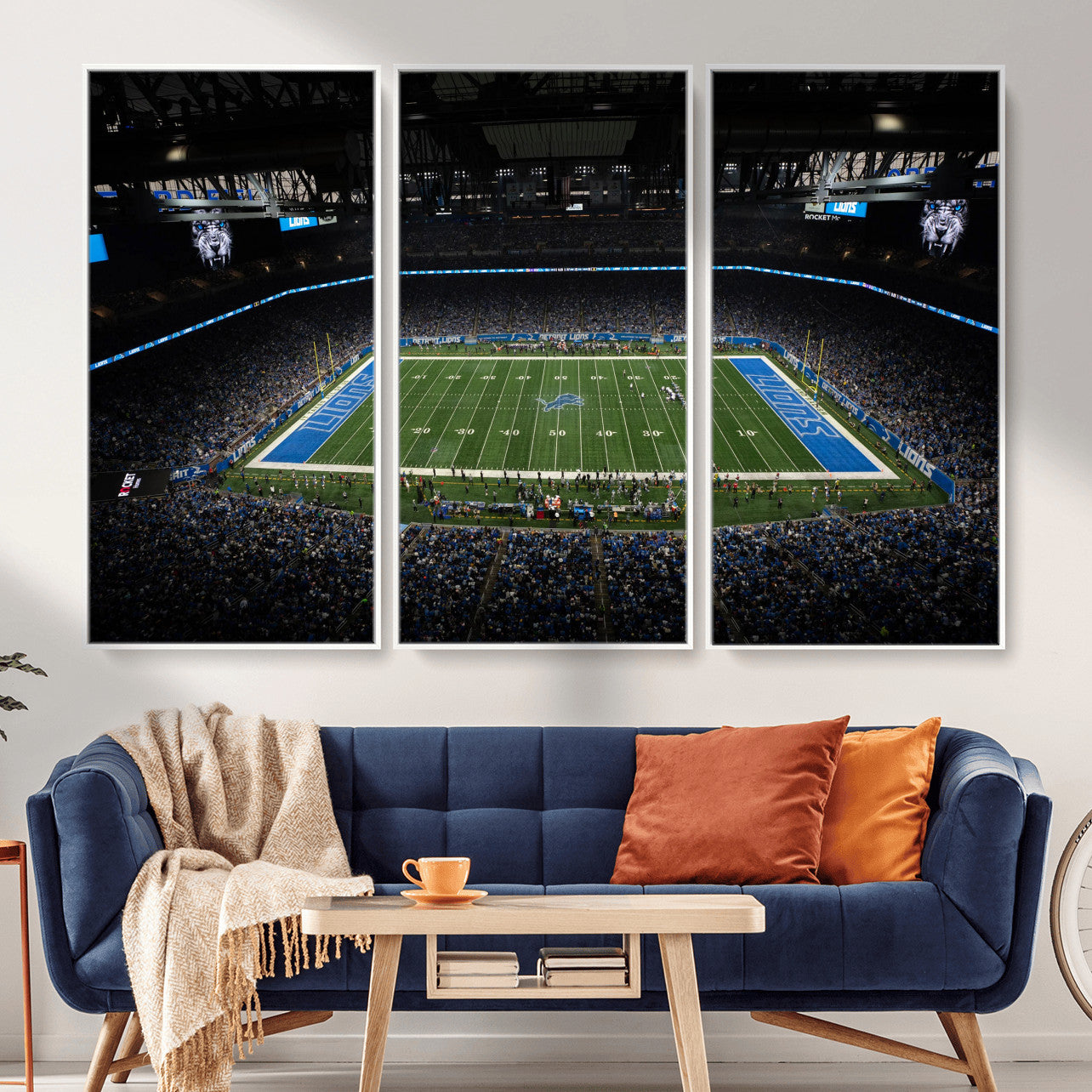 16709602-MGV-CV-36X24 - Detroit Lions Stadium Wall Art Canvas Print, Football Field Panorama Artwork, NFL Game Night Stadium Decor