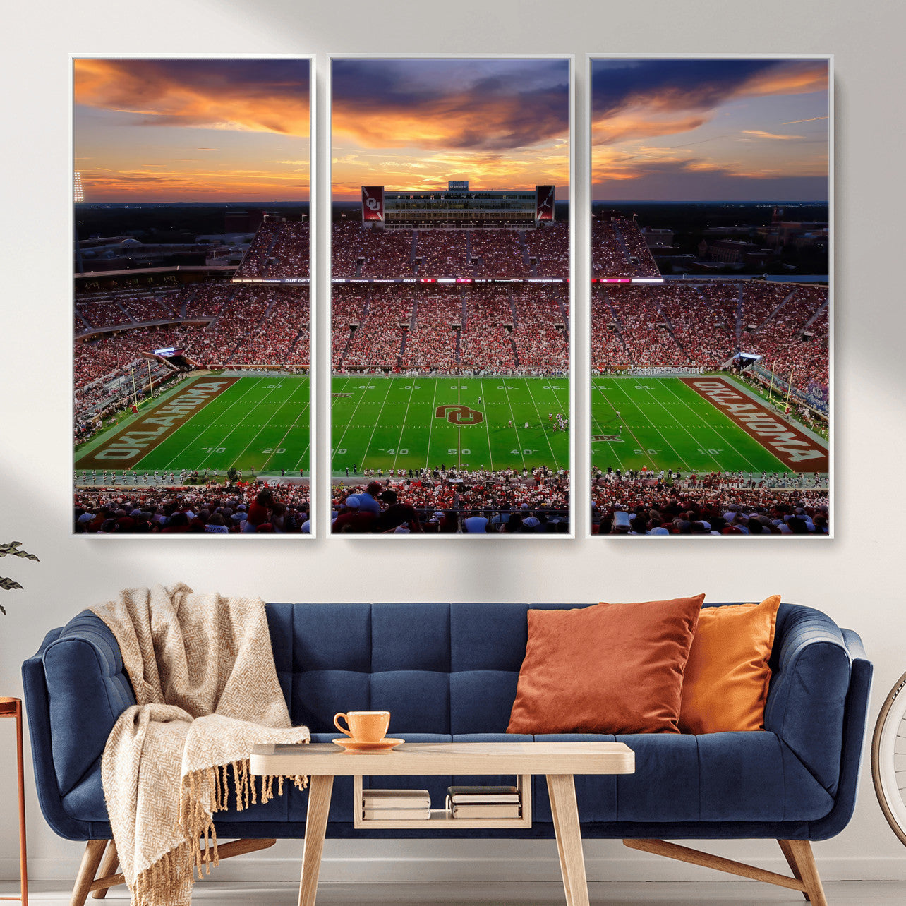 51457497-MGV-CV-36X24 - Oklahoma Sooners Stadium Wall Art Canvas Print, College Football Sunset Game Scene, OU Football Field Panorama Wall Decor