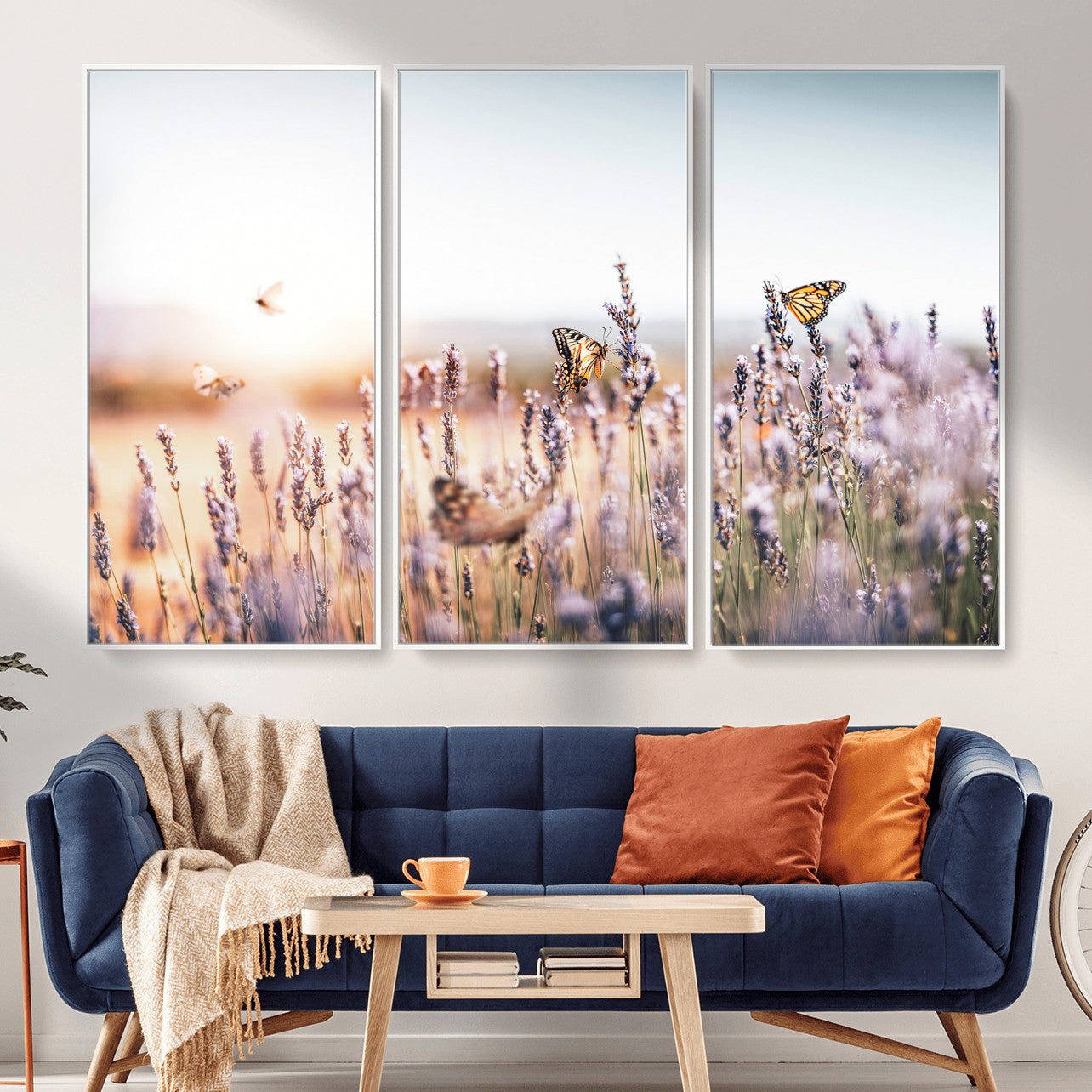 46417478-MGV-CV-36X24 - Lavender Field Wall Art Canvas Print, Butterfly Floral Landscape Art, Soft Nature Wall Decor for Bedroom