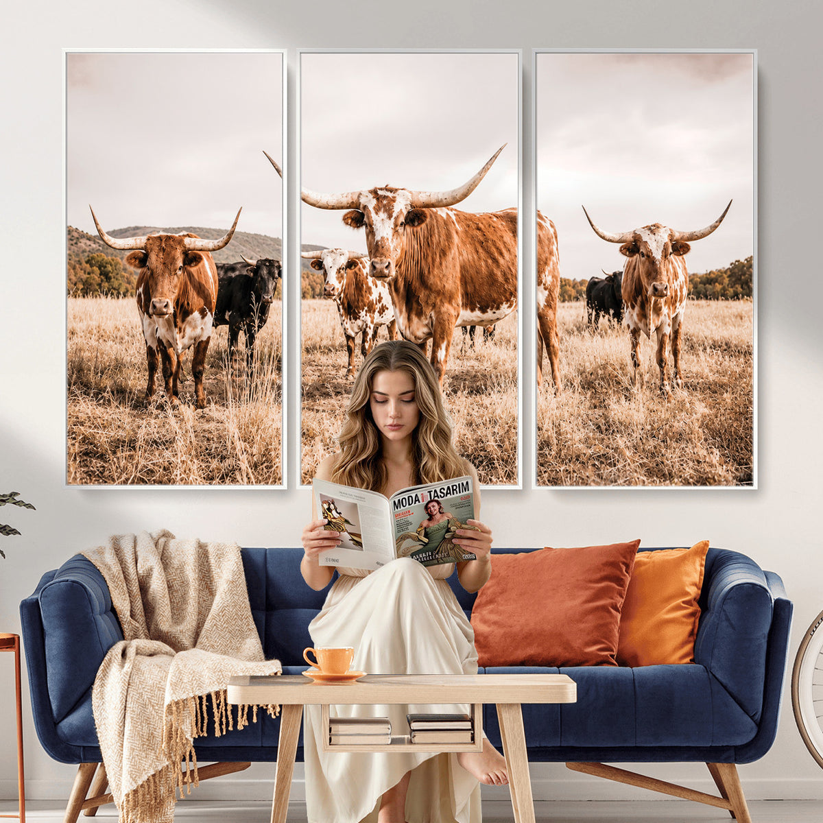 27539727-MGV-CV-36X24 - Texas Longhorn Cattle Wall Art Canvas Print, Sepia Western Decor
