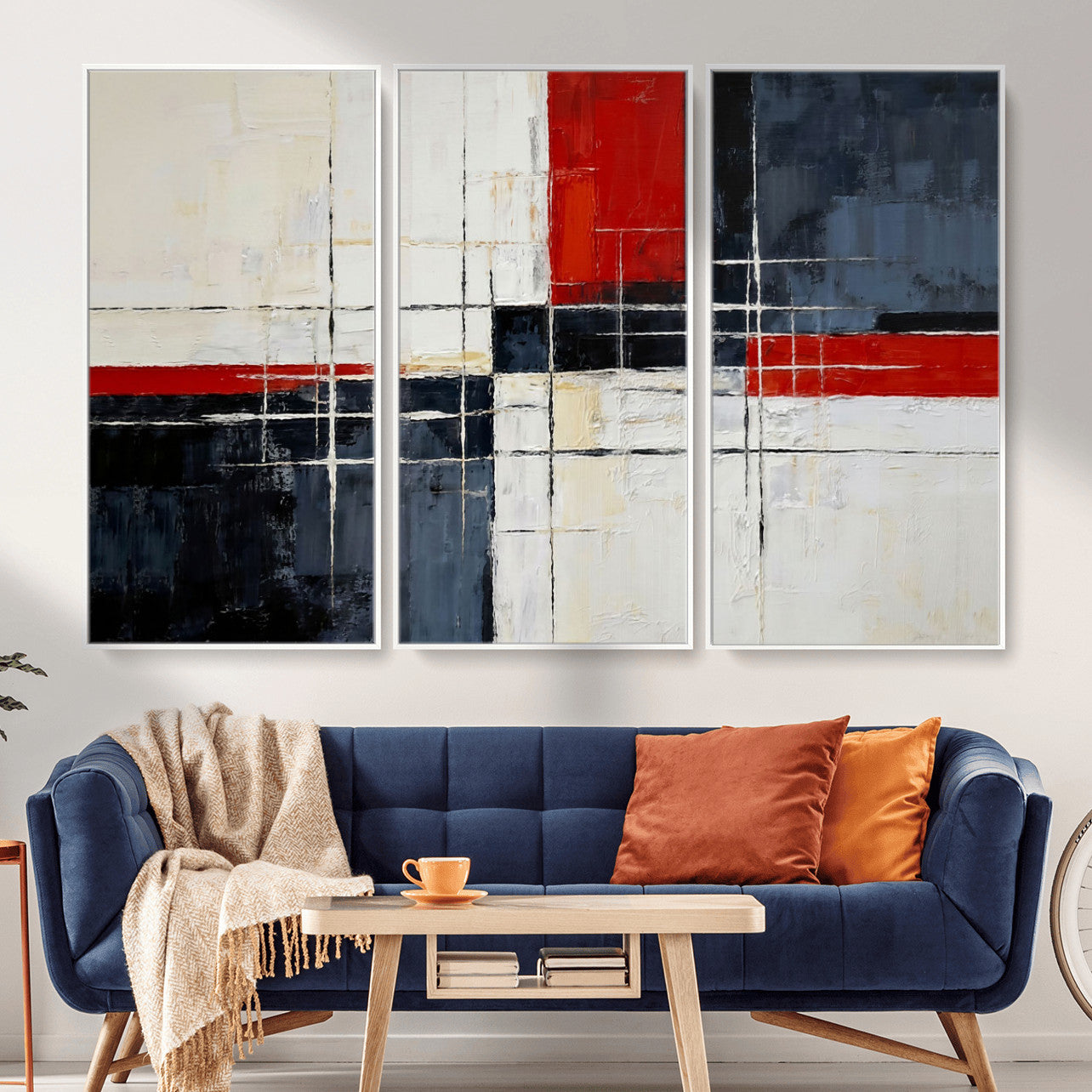 44088165-MGV-CV-36X24 - Navy Red Abstract Wall Art Canvas Print, Modern Luxury Geometric Painting Wall Decor for Living Room and Office