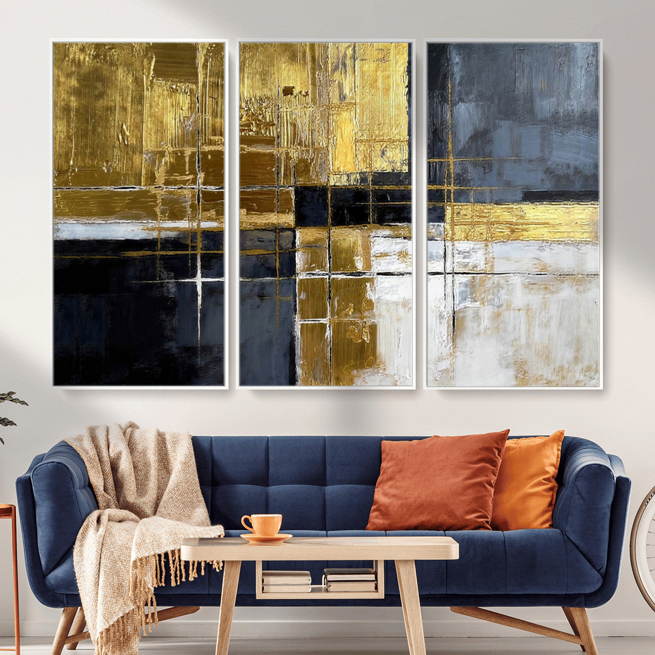 76917030-MGV-CV-36X24 - Gold Navy Abstract Wall Art Canvas Print, Modern Luxury Geometric Painting Wall Decor for Living Room and Office