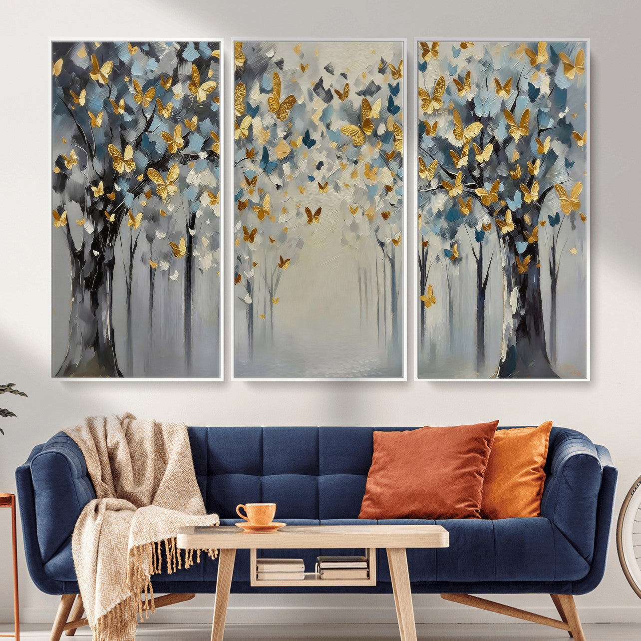 79208191-MGV-CV-36X24 - Golden Butterfly Tree Abstract Wall Art Canvas Print, Modern Elegant Nature Painting Canvas Print, Blue Gold Contemporary Floral Art Printing