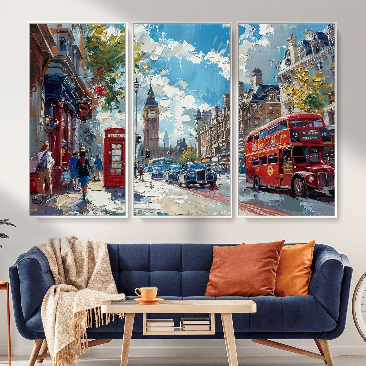 17630888-MGV-CV-36X24 - Modern London City Street Wall Art Canvas Print, Big Ben & Red Bus Artwork Canvas Print