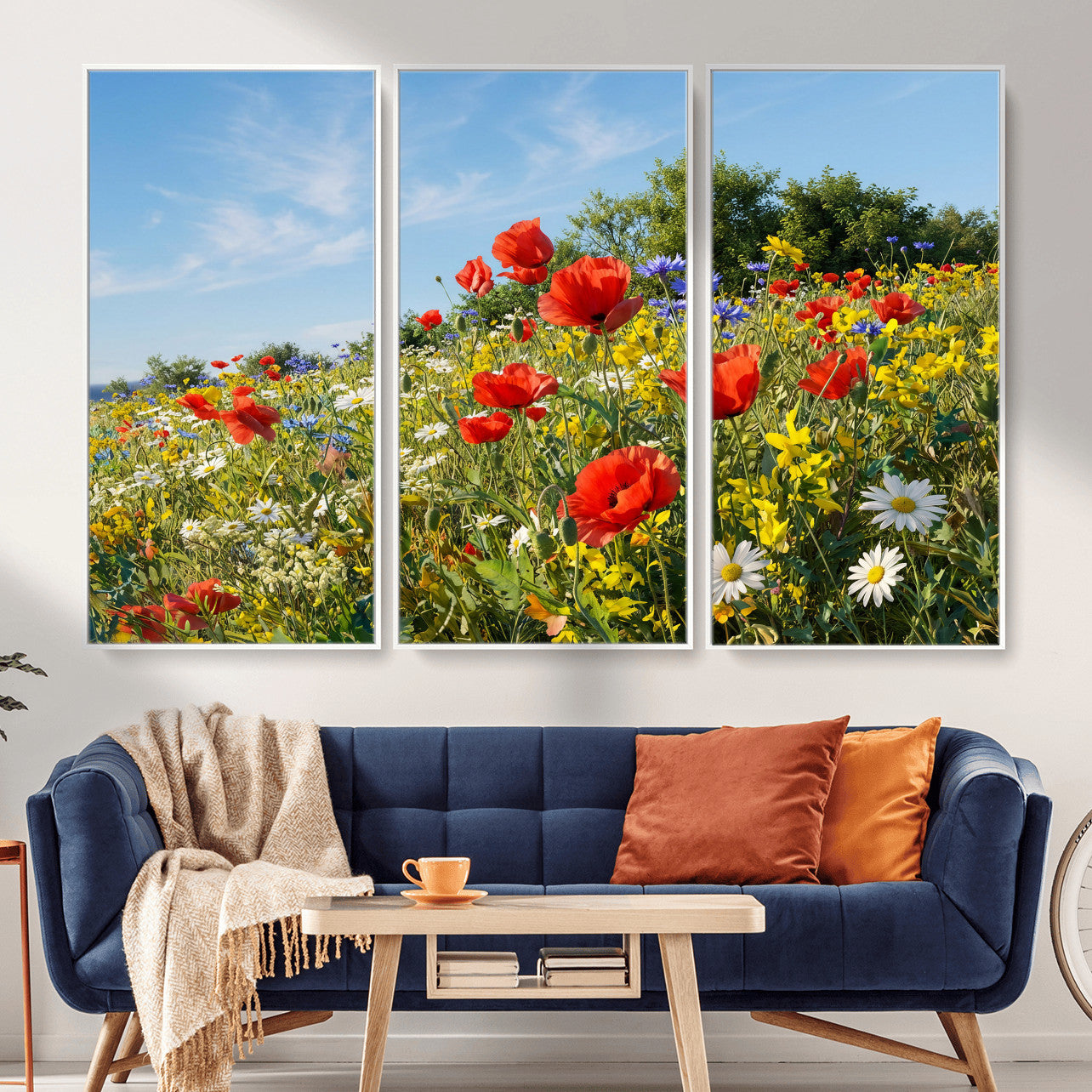 38570784-MGV-CV-36X24 - Wildflower Meadow Wall Art Canvas Print – Colorful Poppy and Daisy Field Landscape Artwork for Living Room Decor