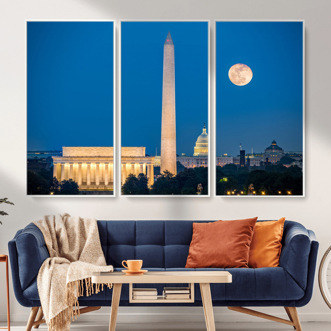 96712946-MGV-CV-36X24 - Washington DC Skyline Wall Art Canvas Print – Lincoln Memorial, Washington Monument and US Capitol Night Cityscape Artwork