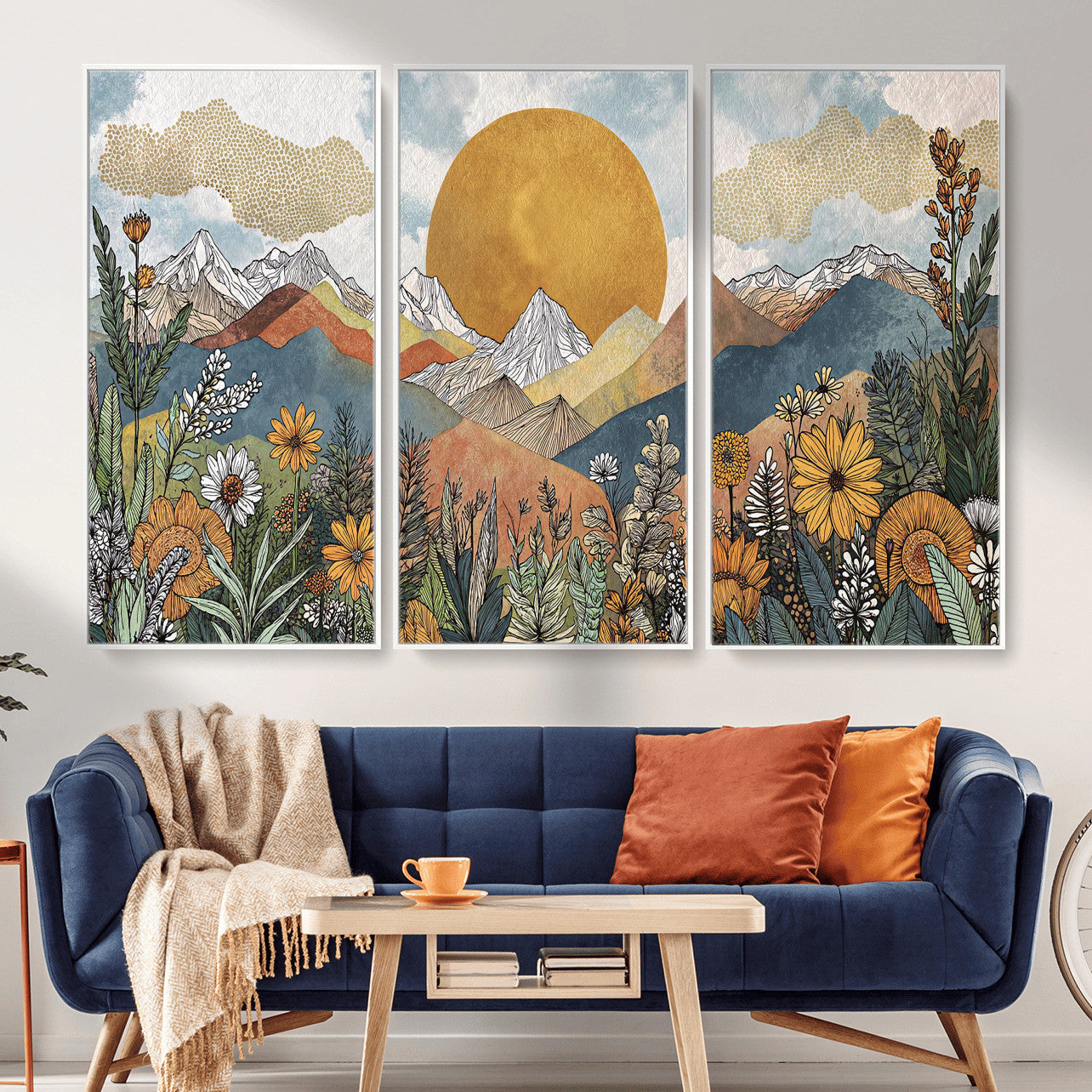 17540863-MGV-CV-36X24 - Boho Mountain Landscape Large Wall Art, Horizontal Gold Framed Canvas Print with Sun and Flowers