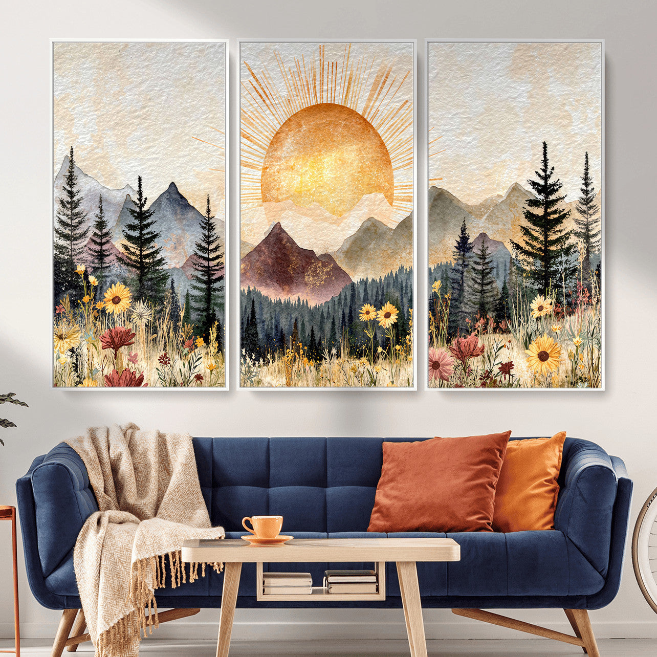 69025244-MGV-CV-36X24 - Boho Mountain Landscape Large Wall Art, Horizontal Gold Framed Canvas Print with Sun and Flowers