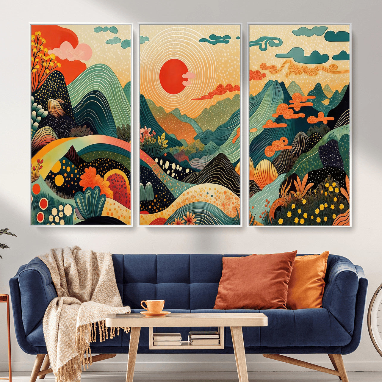 29927191-MGV-CV-36X24 - Yayoi Kusama Boho Mountain Landscape Large Wall Art, Horizontal Gold Framed Canvas Print with Sun and Flowers