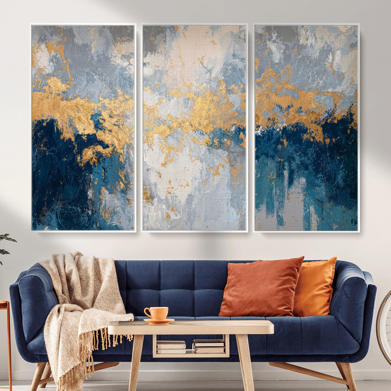 65386119-MGV-CV-36X24 - Blue Gold Abstract Large Framed Canvas Wall Art, Modern Luxury Painting Print in Horizontal Oversized Minimal Wall Decor Artwork