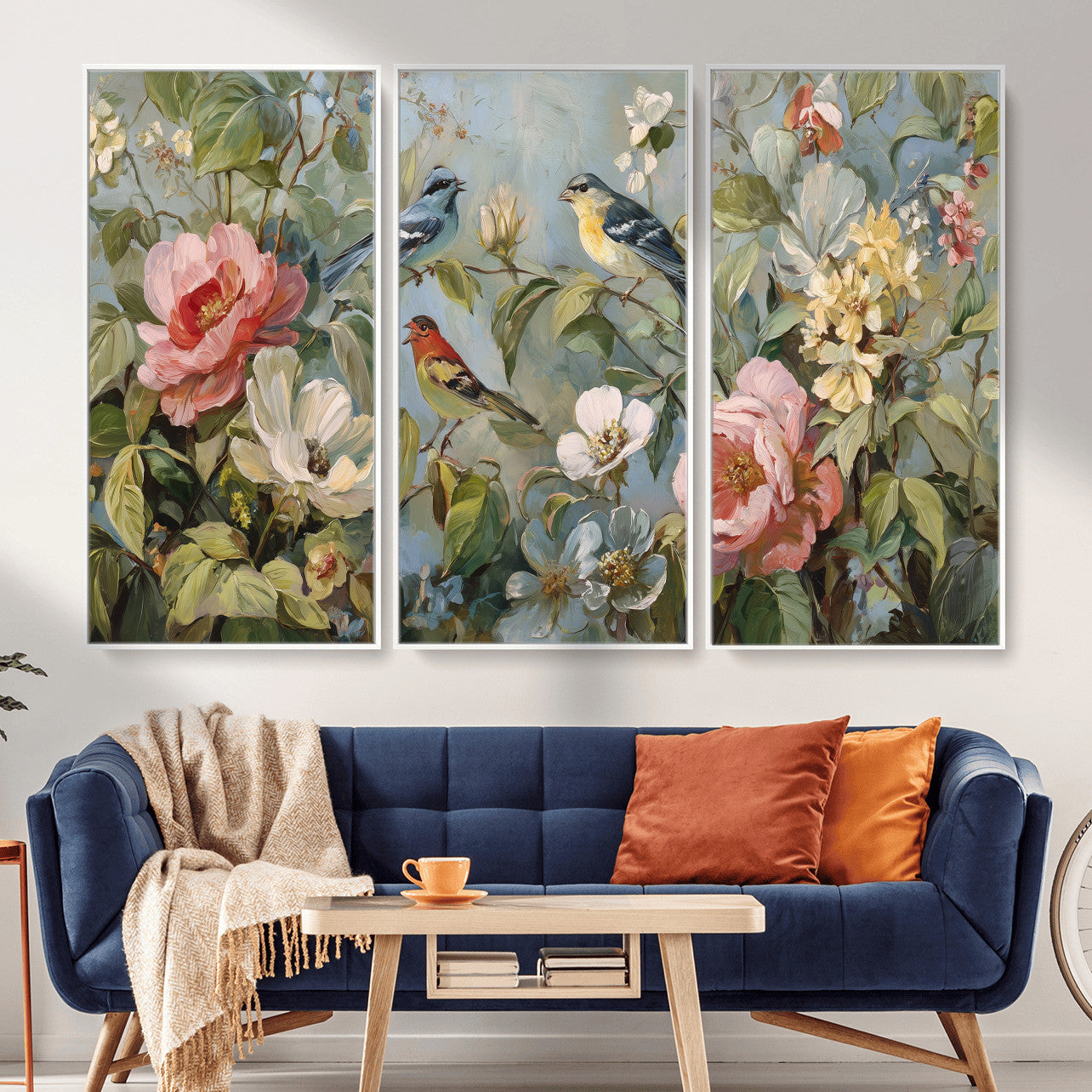 55440837-MGV-CV-36X24 - Vintage Birds and Flowers Wall Art Canvas Print, Botanical Bird Painting Canvas Print, Floral Garden Bird Artwork Canvas Print, Classic Bird Flower Painting Canvas Print