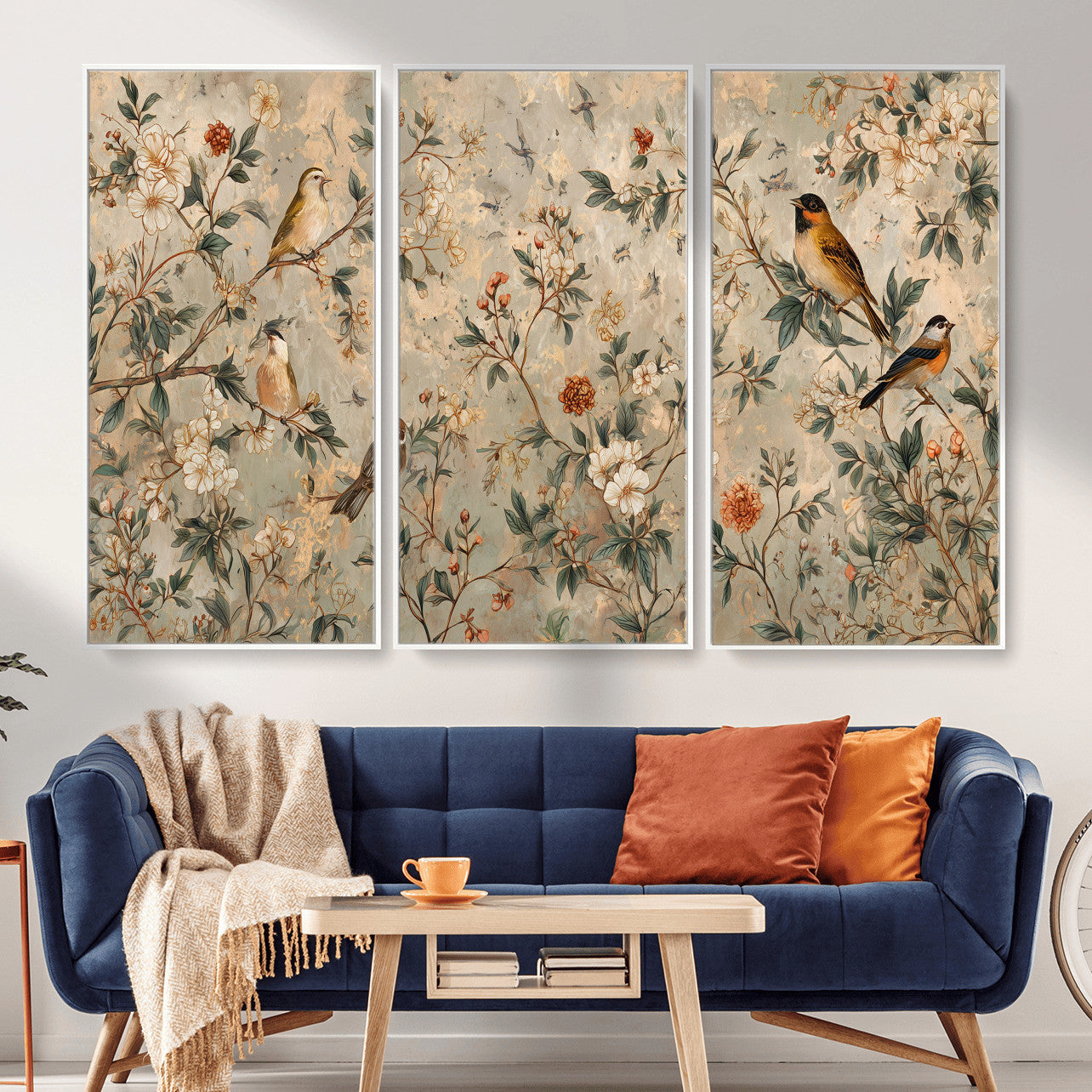 76588438-MGV-CV-36X24 - Vintage Birds and Flowers Wall Art Canvas Print, Botanical Bird Painting Canvas Print, Floral Garden Bird Artwork Canvas Print, Classic Bird Flower Painting Canvas Print
