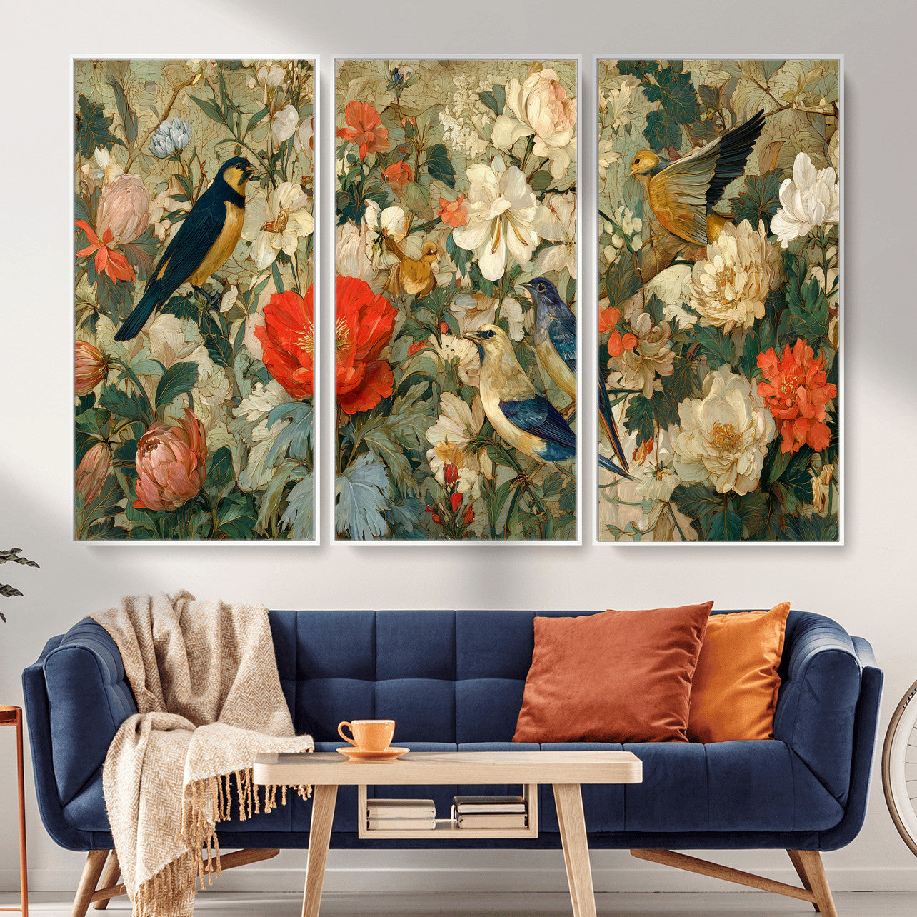 52904757-MGV-CV-36X24 - Vintage Birds and Flowers Wall Art Canvas Print, Botanical Bird Painting Canvas Print, Floral Garden Bird Artwork Canvas Print, Classic Bird Flower Painting Canvas Print