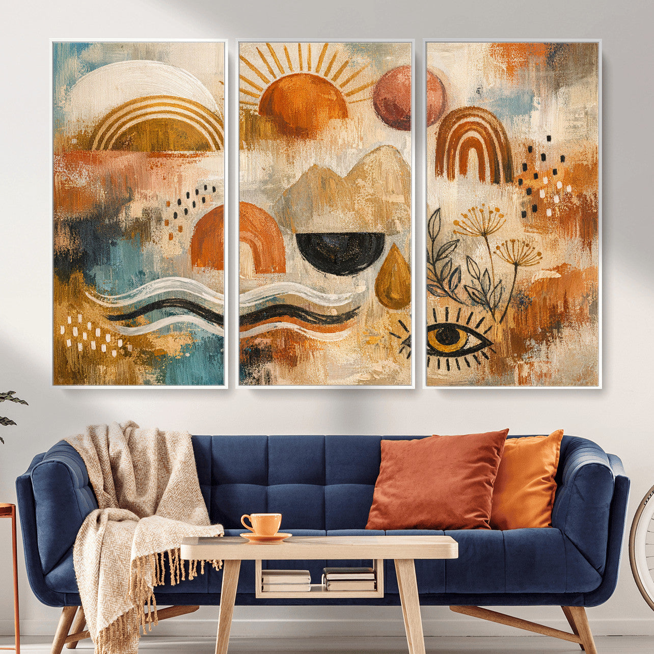 52155239-MGV-CV-36X24 - Geometric Boho Abstract Wall Art Canvas Print, Orange Blue Abstract Expressionist Painting Print, Modern Geometric Abstract Canvas Art