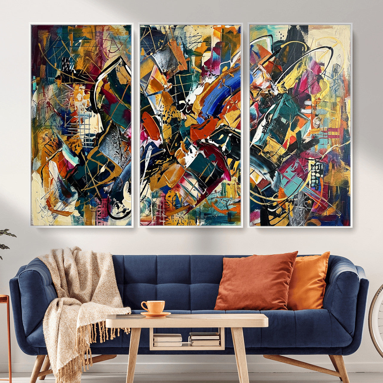 15525527-MGV-CV-36X24 - Geometric Abstract Wall Art Canvas Print, Orange Blue Abstract Expressionist Painting Print, Modern Geometric Abstract Canvas Art