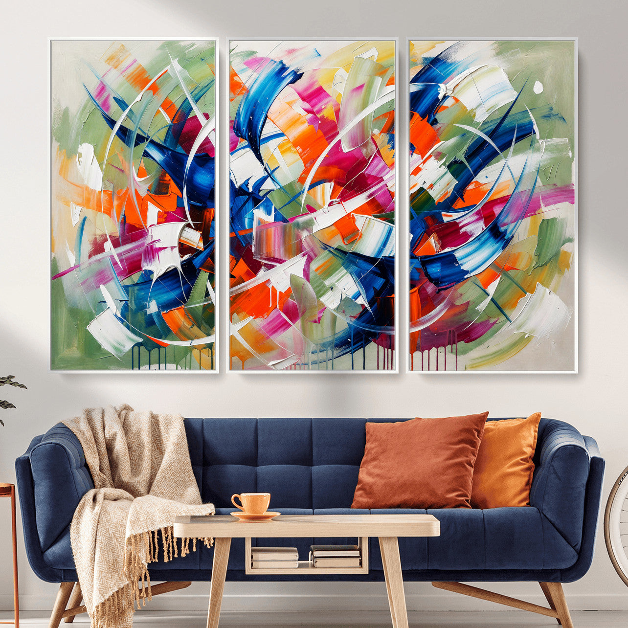 15032888-MGV-CV-36X24 - Geometric Abstract Wall Art Canvas Print, Orange Blue Abstract Expressionist Painting Print, Modern Geometric Abstract Canvas Art