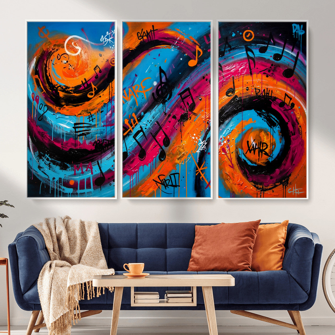 34936518-MGV-CV-36X24 - Geometric Abstract Wall Art Canvas Print, Orange Blue Abstract Expressionist Painting Print, Modern Geometric Abstract Canvas Art