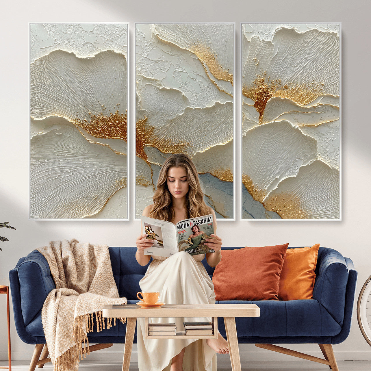 4712069F1-MGV-CV-36X24 - White Gold Floral Canvas Wall Art — Textured Flower Print | Luxury Botanical Decor | Elegant Bedroom Art | Gold Leaf Wall Art Gift