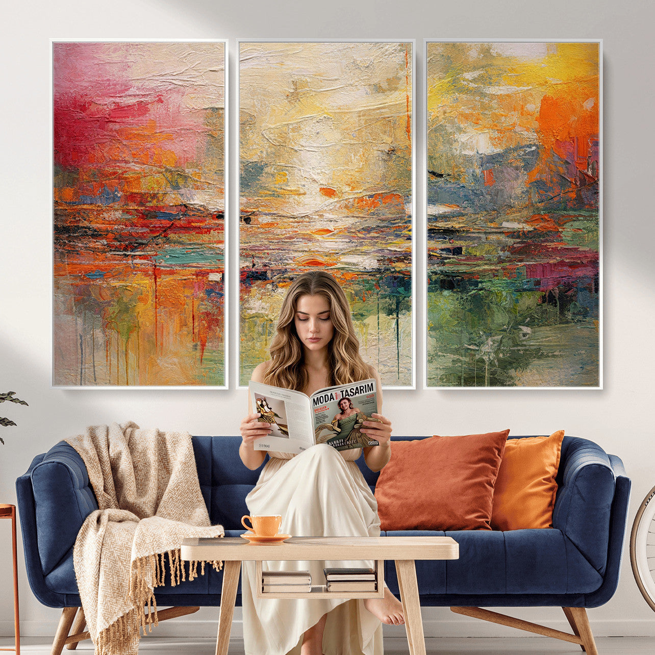 4712069P1-MGV-CV-36X24 - Colorful Abstract Canvas Wall Art — Large Textured Oil Painting Style Print | Orange Red Boho Wall Decor | Modern Living Room Art | Bold Wall Art